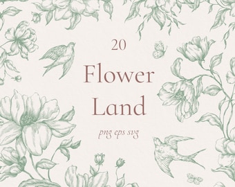 May include: A vintage illustration of a floral design with birds and butterflies. The text "20 Flower Land png eps svg" is in the center of the image.