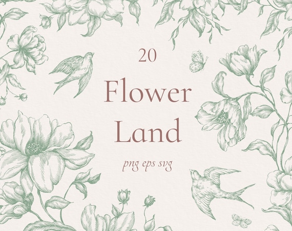 Flower Land Victorian Clipart Png Eps Svg Wedding Bouquets, Botanical Christmas, Digital ink Frames, Sage green, Vintage Clip arts, Birds
