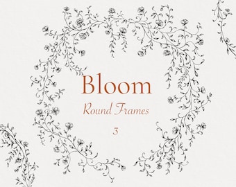 Bloom Round Frames eps png svg b/w, Clipart floral frame, Ink Hand-made border, Botanical Clip art, Flower Digital Wreath, Fine Line Floret