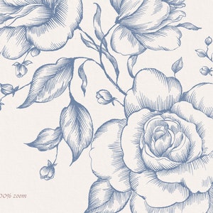 May include: A blue and white floral illustration with a detailed drawing of roses and leaves. The image is a close-up of the flowers and leaves.