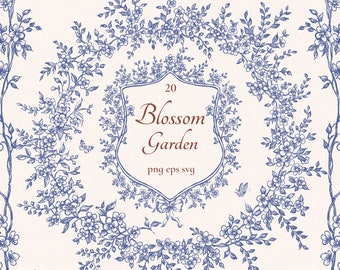 Blossom Garden, png, eps, svg, Vintage borders, Floral frames, vector clipart, Wedding Invitation design, blue bouquets, line art clip art