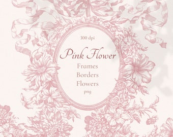 May include: A pink floral design with a decorative frame and the text "Pink Flower Frames Borders Flowers png 300 dpi".