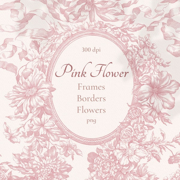 Pink Flower clip art, Wreath png, Bow, Baby shower girl, Frame, Baroque, Rococo clipart, line art illustration, Wedding invite border