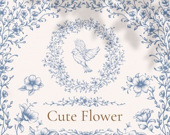 May include: A digital illustration of a blue floral wreath with a bird inside. The wreath is surrounded by smaller floral designs and the text "Cute Flower".