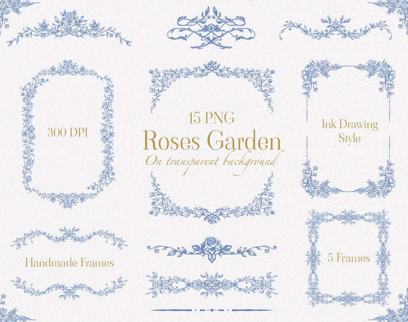 Roses Garden Vintage Floral Frames, Fine Line Frame Clipart, Wedding ...