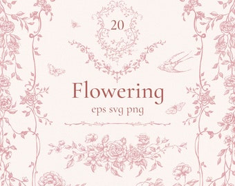 Flowering Pink Classic floral frames, png eps svg, Victorian clipart, Roses garden, Wedding Bouquets, vintage frame, printable clip art