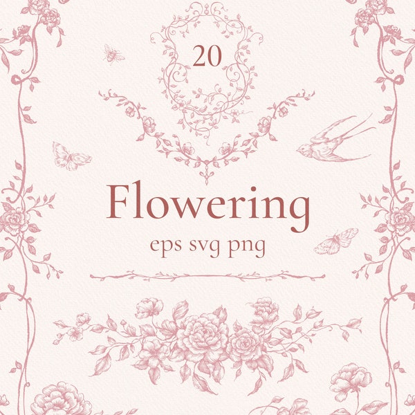 Floraison rose cadres floraux classiques, png eps svg, clipart victorien, jardin de roses, bouquets de mariage, cadre vintage, clipart imprimable