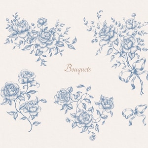 May include: Five hand-drawn illustrations of blue floral bouquets with varying arrangements of roses and leaves. The word "Bouquets" is written in brown text at the bottom center of the image.