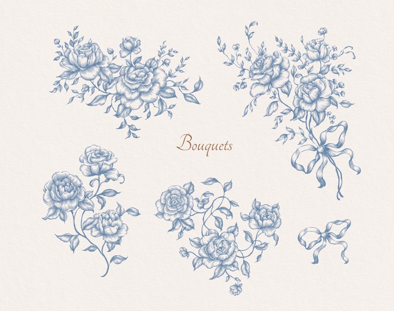 May include: Five hand-drawn illustrations of blue floral bouquets with varying arrangements of roses and leaves. The word "Bouquets" is written in brown text at the bottom center of the image.