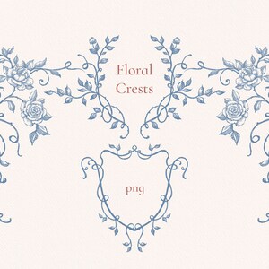 May include: A set of blue floral crests with a shield-shaped frame in the centre. The text "Floral Crests" is written in red above the frame and the word "png" is written inside the frame.