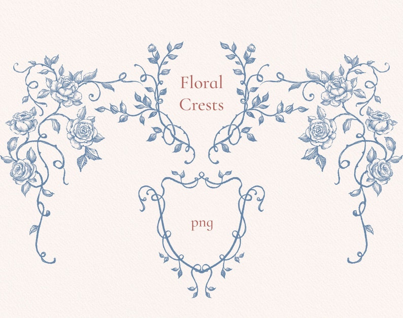 May include: A set of blue floral crests with a shield-shaped frame in the centre. The text "Floral Crests" is written in red above the frame and the word "png" is written inside the frame.