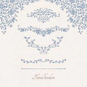 May include: A set of five blue floral borders, including a top border, two side borders, and two bottom borders. The borders are made of vines with leaves and flowers. The text "Floral borders" is at the bottom of the image.