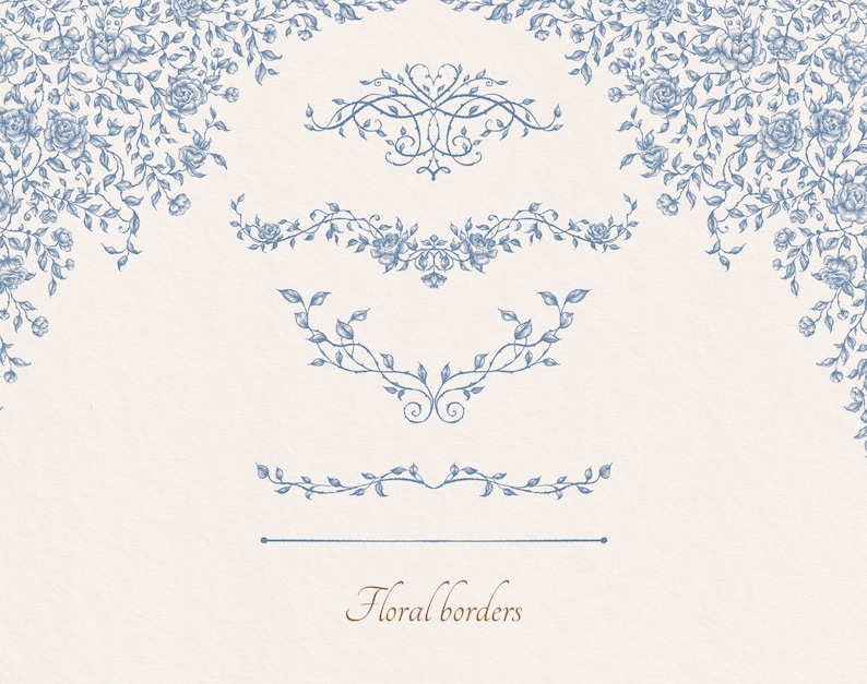 May include: A set of five blue floral borders, including a top border, two side borders, and two bottom borders. The borders are made of vines with leaves and flowers. The text "Floral borders" is at the bottom of the image.