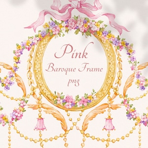 Rosa Barock Rahmen, Png Clip Art, Mädchen Babypartyeinladung, digitaler Rand, Vintage Aquarellrahmen, Blumenclipart, handgemalt, 300 dpi