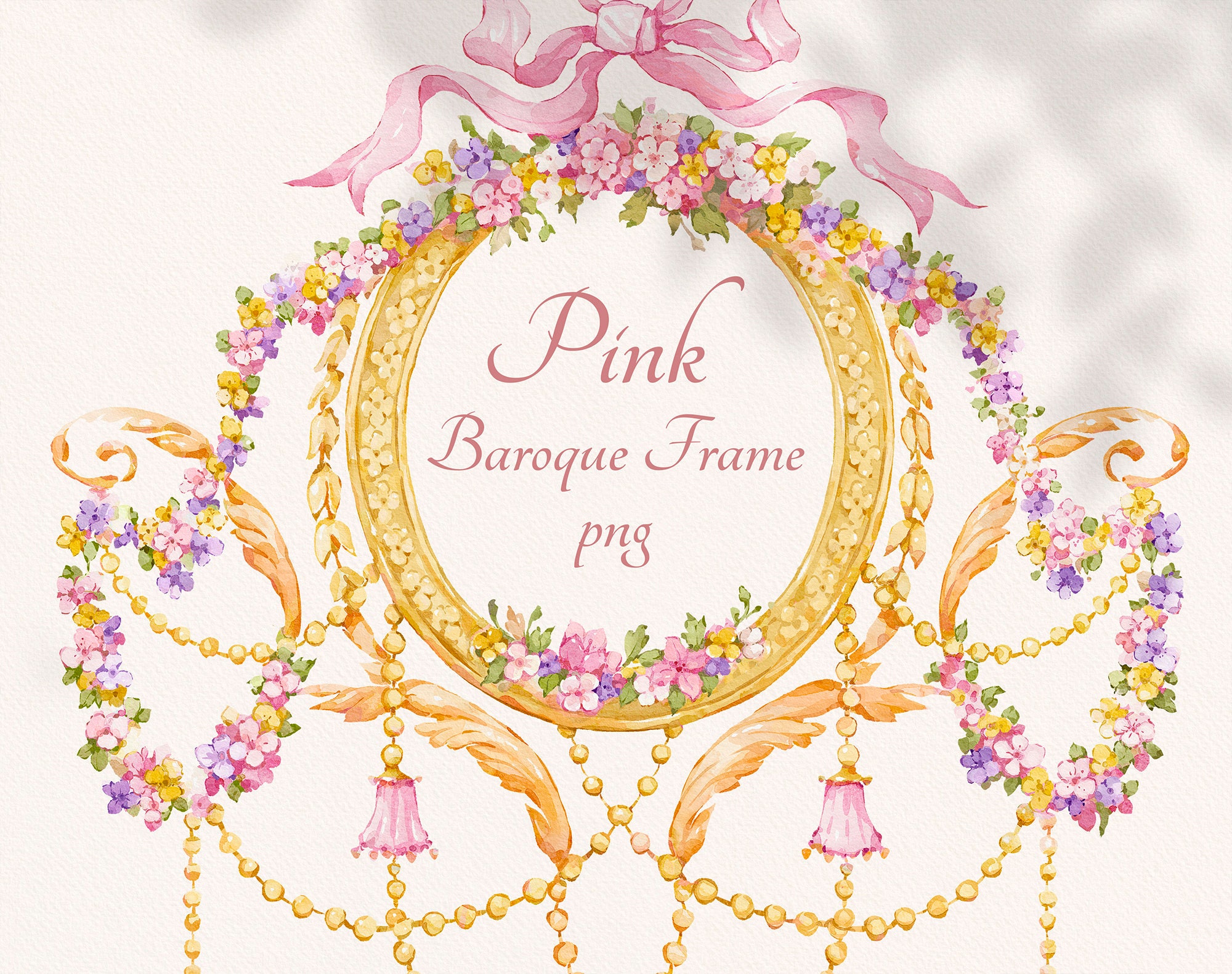 Pink Baroque Frame, Png clip art, Girl Baby shower invite, digital border, Vintage watercolour frame, floral clip art, hand painted, 300 dpi