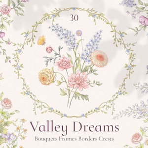 Valley Dreams, Clipart de faire-part de mariage fleurs sauvages, cadres floraux, écusson aquarelle, couronne, bouquets, papillons, clipart botanique