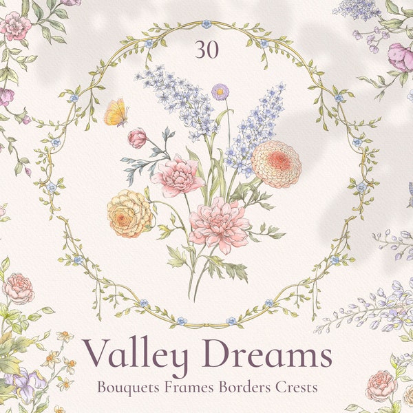 Valley Dreams, Wildflower Wedding Invitation Clipart, Floral Frames, Watercolor Crest, Wreath, Bouquets, Butterflies, Botanical clip art set