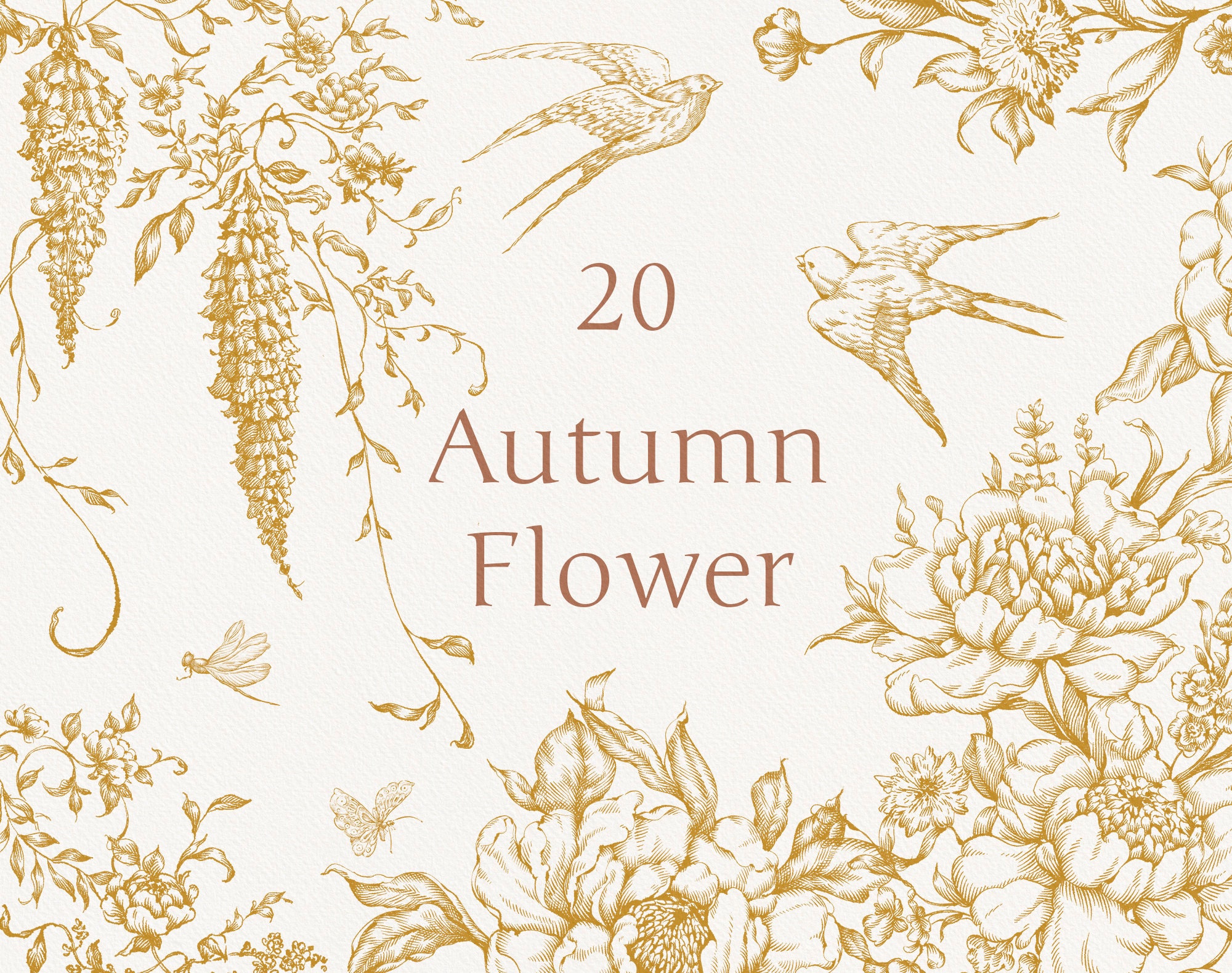 Autumn Flower Gold, Png Eps Svg Floral Frames, Wedding Borders, Hand-drawn clipart,Vintage botanical illustrations, Floral pattern, Line art