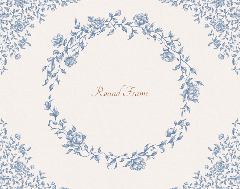 May include: A round frame with a blue floral design. The frame is made of vines and leaves with blue flowers. The text "Round Frame" is written in the center of the frame.