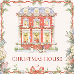 May include: A watercolor illustration of a red brick house decorated for Christmas. The house has a white trim and a blue roof. There are lights and garlands on the house, and a snowman in front of it. The text "CHRISTMAS HOUSE 15" is written below the house.