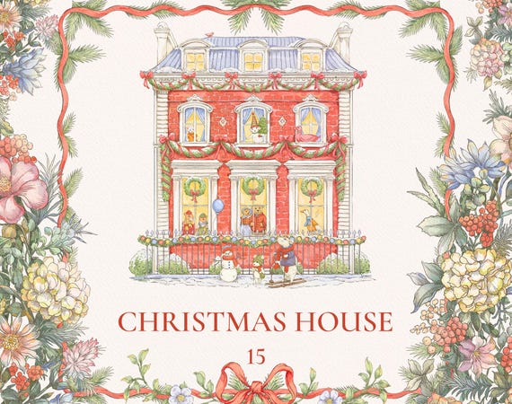 Christmas House Png Watercolor Clipart with animals, bows, wreath, borders, Vintage frames, botanical clip art, package design, nowman