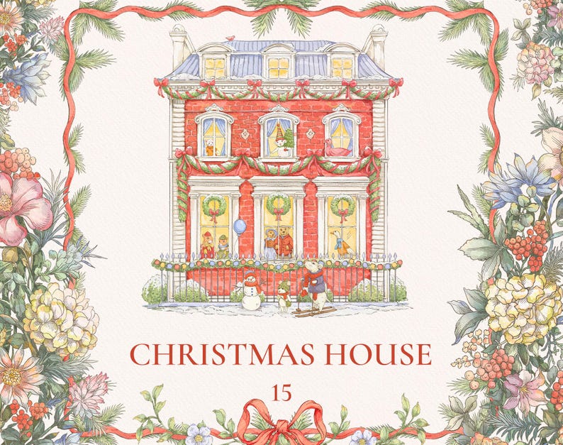 May include: A watercolor illustration of a red brick house decorated for Christmas. The house has a white trim and a blue roof. There are lights and garlands on the house, and a snowman in front of it. The text "CHRISTMAS HOUSE 15" is written below the house.