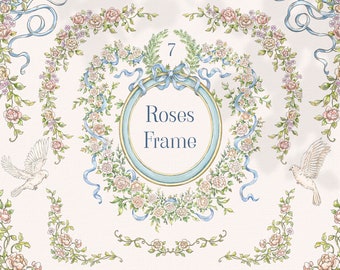 Roses Frame, Watercolor Png clipart, Wreath, Birds, Bows, rose borders, leaves, wedding clip art, Hand-drawn illustration, flowers graphic