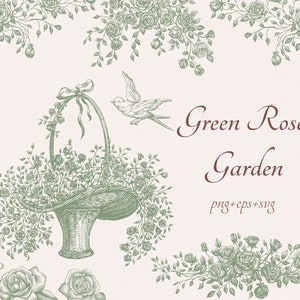 Grüner Rosengarten Png Eps SVG, Blumen Clipart Botanische digitale Rahmen, Hochzeitsstrauß-Einladung Clip-Arts, Linie Kunst Vintage Blumenrahmen