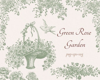 Green Rose Garden Png Eps Svg, Floral Clipart Botanical digital frames, Wedding Bouquet invitation clip arts, Line art vintage Flower border