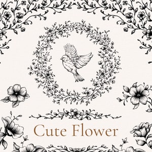 かわいい花 png svg eps 白黒花のクリップアート、線画落書き、イースターイラスト、デジタルフレーム、BWフレーム、バラのグラフィック