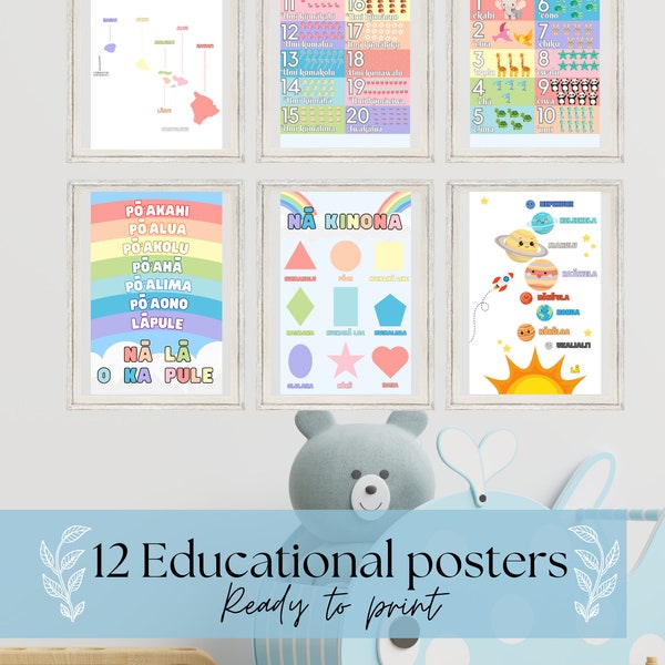 Set of 11 Educational Posters in Hawaiian + 1 in English