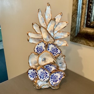 Blue Floral Pineapple Oyster Shell Wall Hanging Mini/Small
