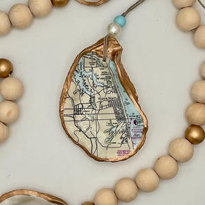 Virginia Beach Nautical Map Oyster Shell Ornament: Gold Leaf Trim