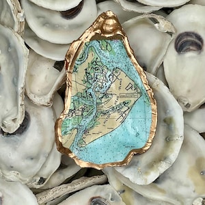 Hilton Head Island, SC Nautical Map Oyster Shell Trinket Ring Dish