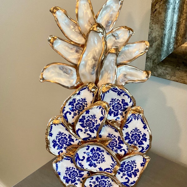 Blue Floral Pineapple Oyster Shell Wall Hanging Mini/Small