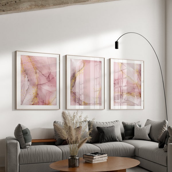 Lot de 3 | Impressions murales en marbre rose et or | Art mural élégant en marbre | Art de salon moderne abstrait | Haute Qualité | Téléchargement numérique