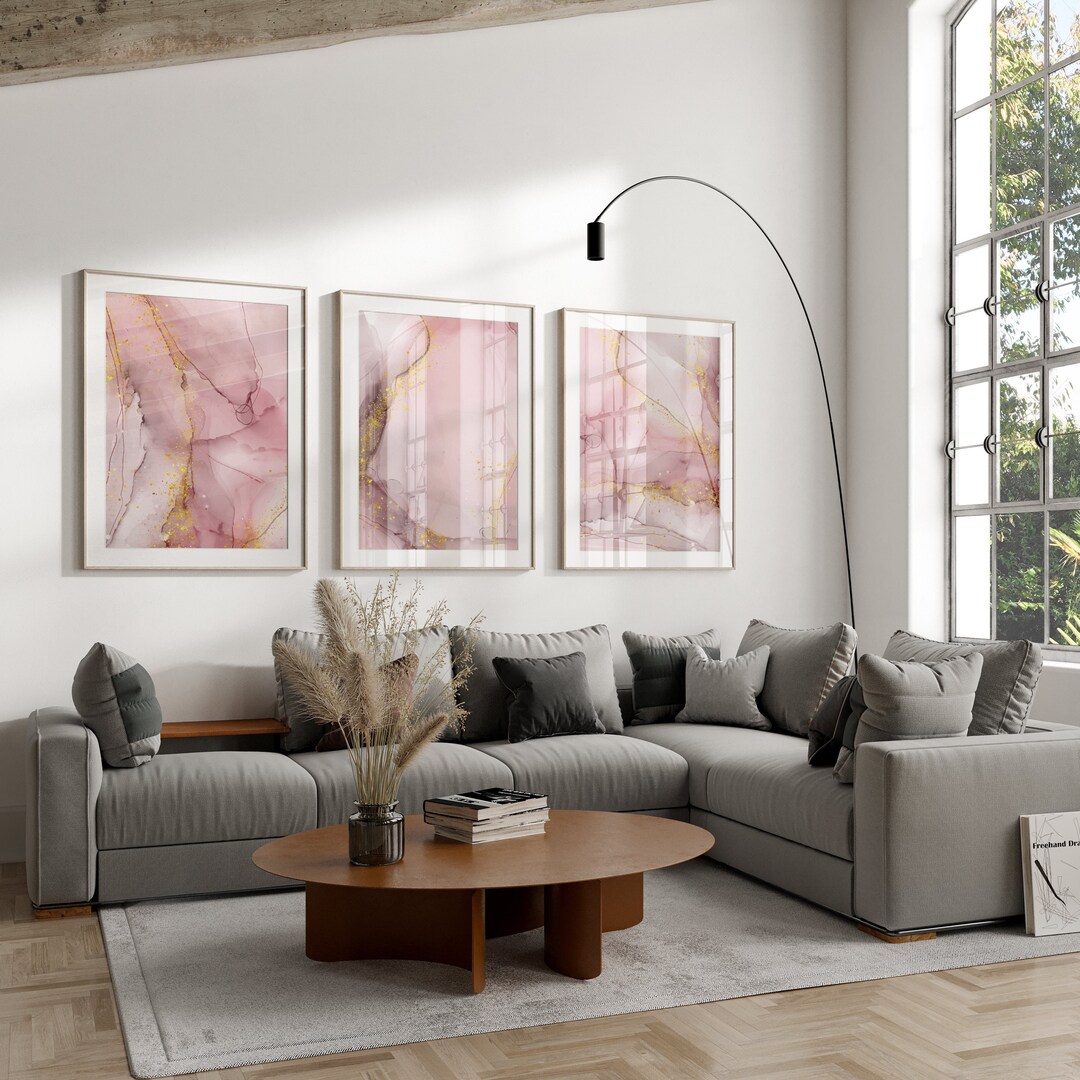 Set of 3 | Pink & Gold Marble Wall Prints | Elegant Marble Wall Art ...