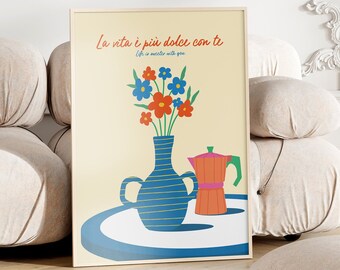La Dolce Vita Poster Printable, Flower Pot Wall Art, Italian Quote Sweet Love Moka Espresso Print Couple Gift Illustration Modern Botanical