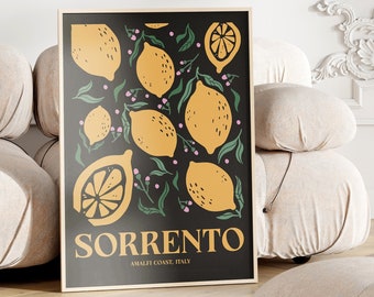 Sorrento Lemon Poster Printable, Amalfi Coast Travel Print Italy, Italian Wall Art, Modern Kitchen Decor Yellow and Black