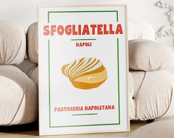 Cartel imprimible de Sfogliatella, impresión de comida de Nápoles Italia, signo de postre napolitano, decoración de la pared de la cocina italiana, impresión colorida