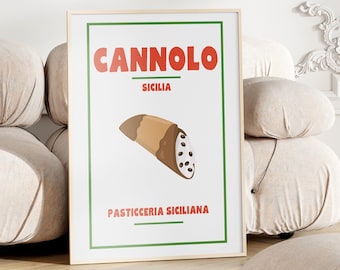 Cannolo Poster Printable, Italy Food Print Sicily, Italian Kitchen Wall Decor, Dessert Sign Colorful Sicilian Print Trendy