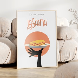 Retro Lasagna Poster Printable, Italian Kitchen Wall Print Recipe, Modern House Italian Food, Pasta Wall Art Italy White Hand Dish