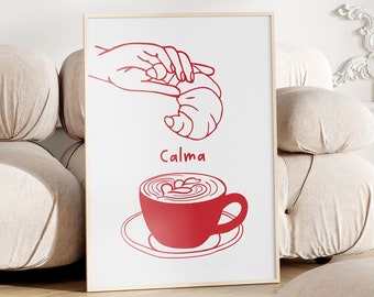 Cornetto Cappuccino Poster Printable Italian Hand Gesture, Italy Wall Art, Italian Breakfast Sign Modern Kitchen Decor Red Hand Drawn Poster