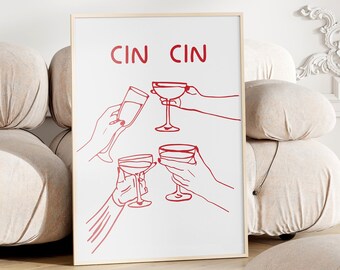 Cheers Poster Printable Italian Hand Gesture, Italy Wall Art, Cheers Line Art Sign Bar Cart Print, Modern Living Room Decor Red Drink