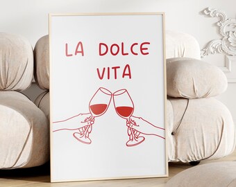 La Dolce Vita Poster Printable Italian Hand Gesture, Italy Wall Art, Italian Cheers Sign Modern Living Room Decor Red Drink Wine Glass