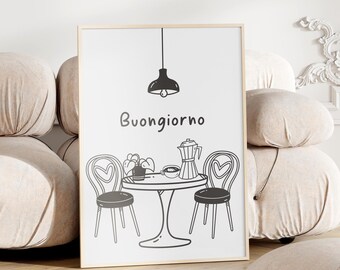 Buongiorno Poster Printable, Espresso Moka Print, Kitchen Wall Art, Italian Word Art Print, Italian Quote Coffee Living Room