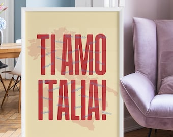 Ti Amo Italia Printable Poster, Italian Food Cities and Quotes Rome Milan Pizza Pasta Gelato Pomodoro Spaghetti Hand Gestures Ma Che Vuoi