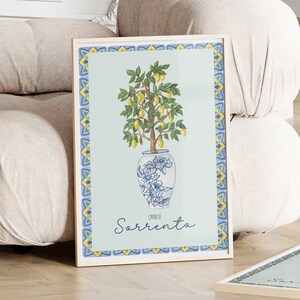 May include: A framed print with a blue and white ceramic vase with a lemon tree inside. The vase has a floral pattern and the background is light blue. The text "Limone di Sorrento" is written below the vase.