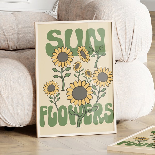 Retro Sunflower Poster Printable, Flower Minimal Poster Design Yellow, Sunflower Gifts for Mom, Living Room Decor Colorful Botanical