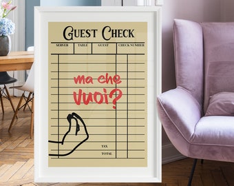 Cartel imprimible de cheque del cliente, frase de cheque del cliente con gesto de mano italiano, arte de pared de moda, cartel italiano de regalo de cocina divertido